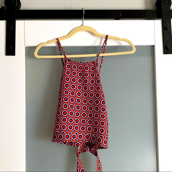 F21 Red Print Tie Back Crop Halter - Picture 3 of 7